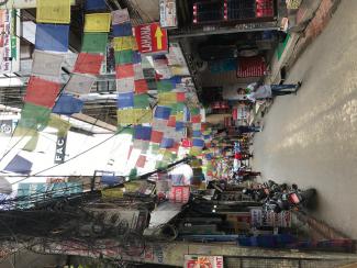 Prayer flags adorn alleyway of Thamel district of Kathmandu